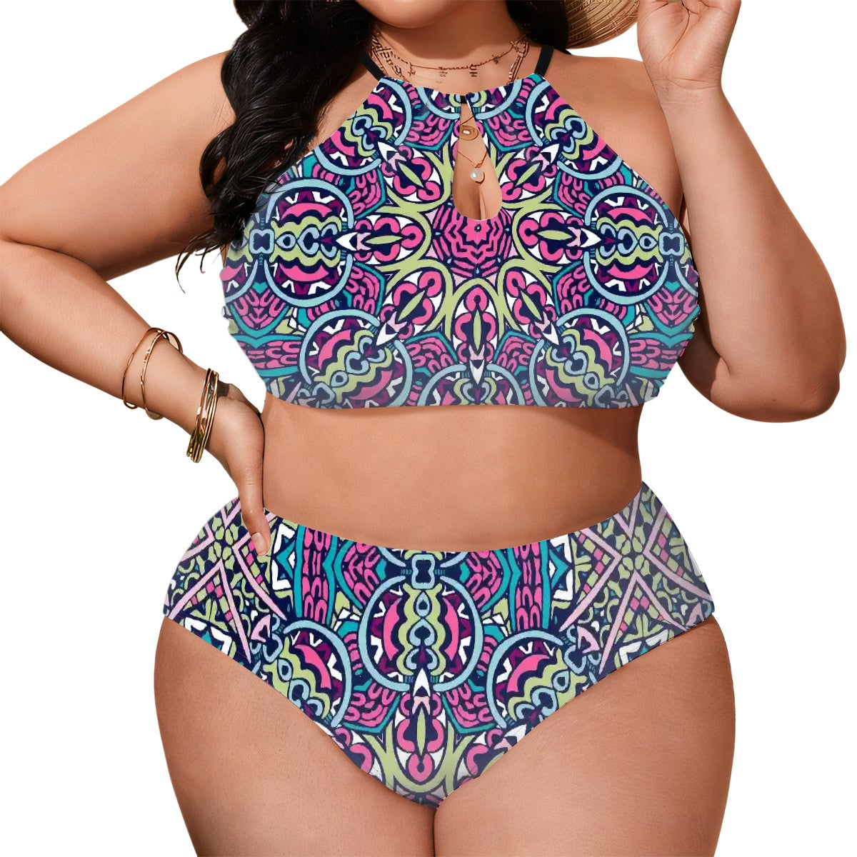 Plus size halter neck bikini set with high-waisted bottoms and colorful patterned print