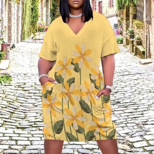 Plus size yellow floral short sleeve dress with pockets