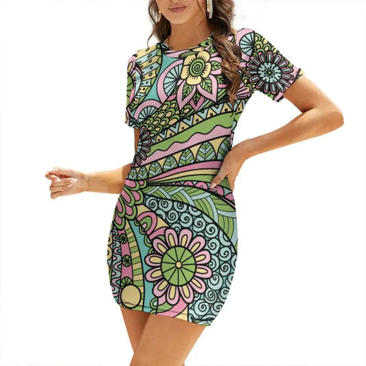 Retro botanical short sleeve bodycon mini dress front view