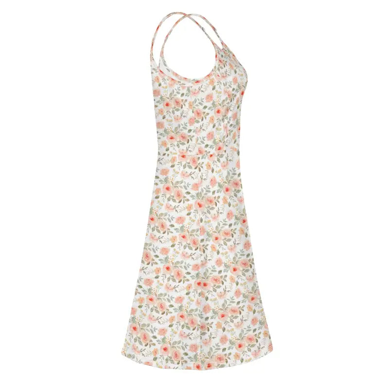 Right side view of floral A-line mini dress with thin straps and flared hem