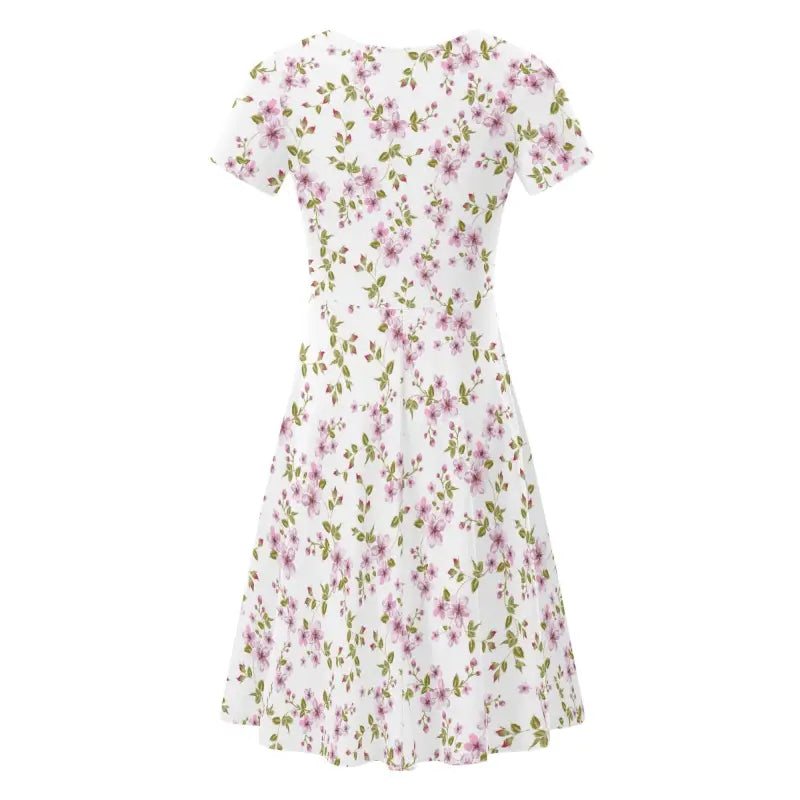 Romantic floral midi dress back view balanced silhouette