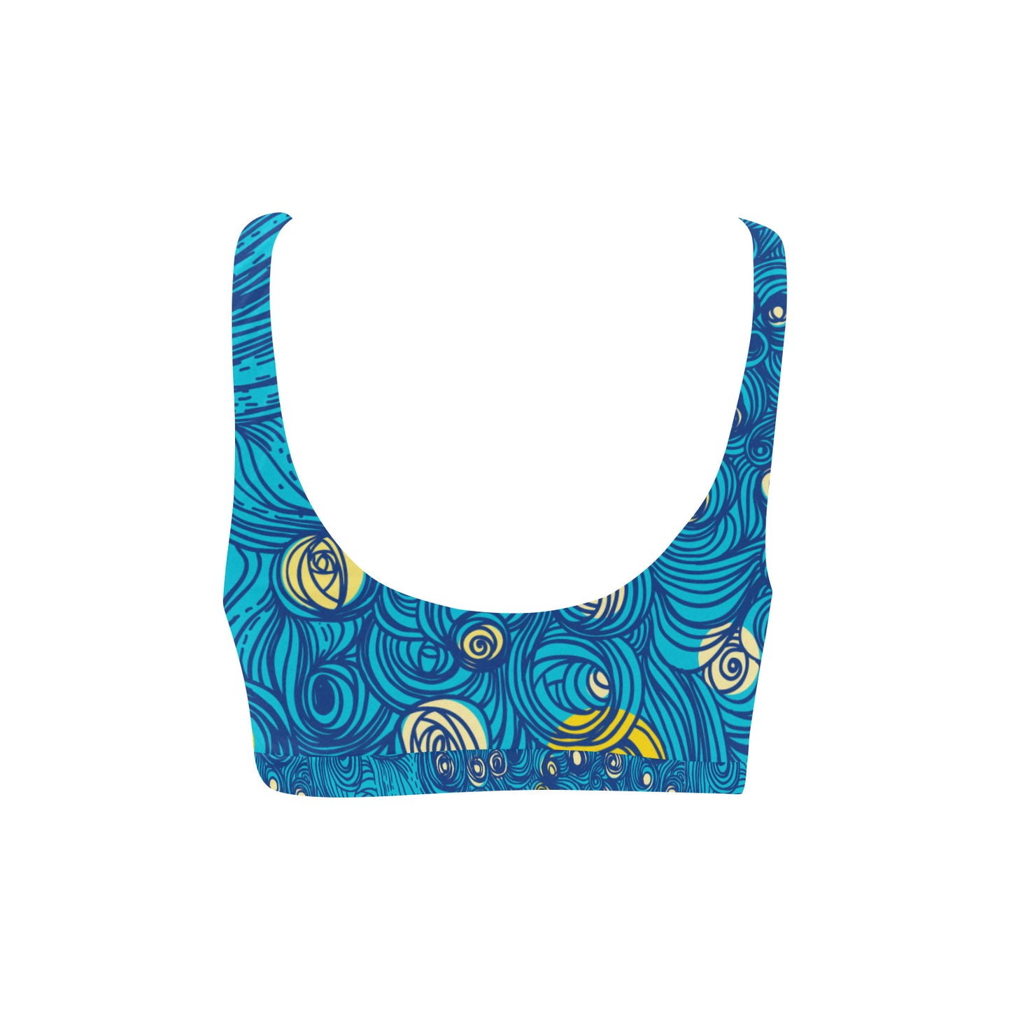 Scoop neck bikini top with wide straps in blue swirl print