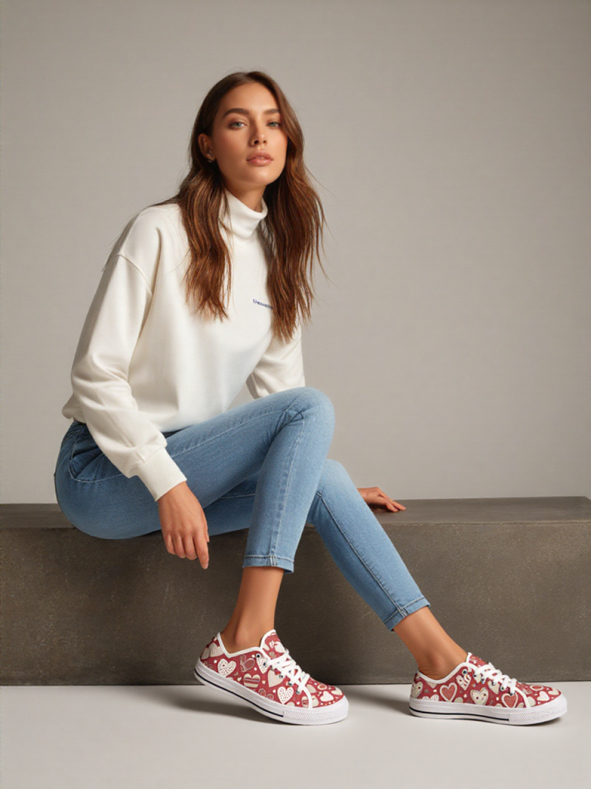 Women’s Heart Print Canvas Sneakers – Cute Casual Lace-Up Shoes for Everyday Comfort