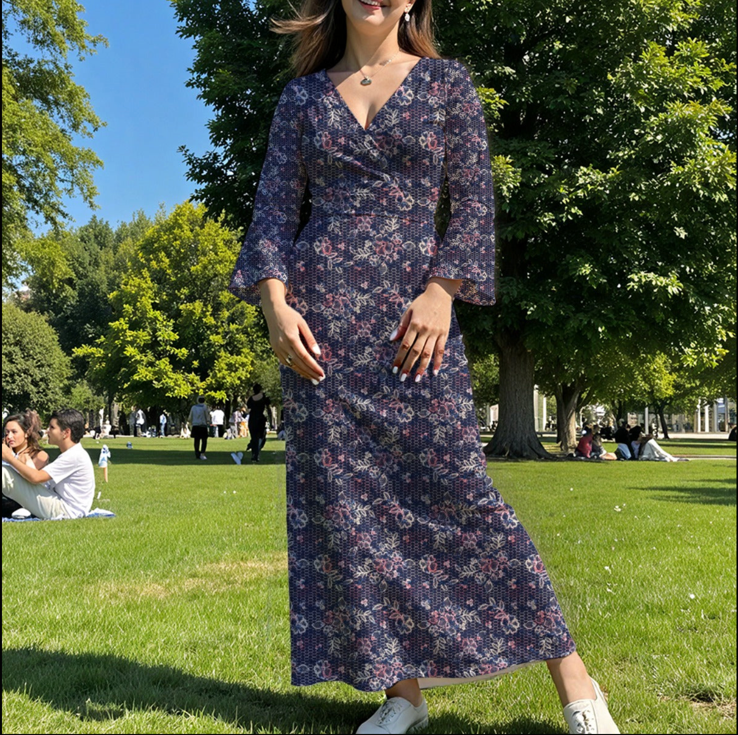 Woman wearing a navy floral wrap midi dress with a V-neck and 3/4 sleeves, styled casually outdoors on a sunny day