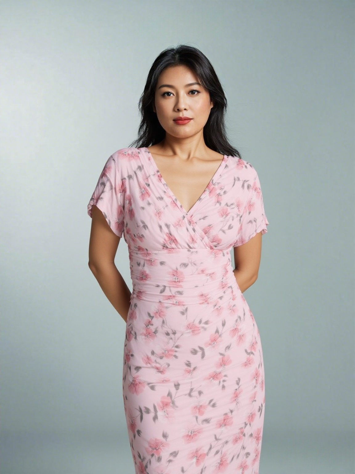 Size inclusive blush pink floral midi dress short sleeve front view