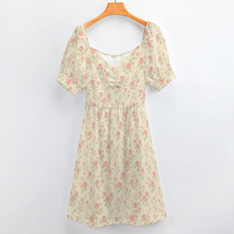 Short sleeve floral midi dress hanging, full length