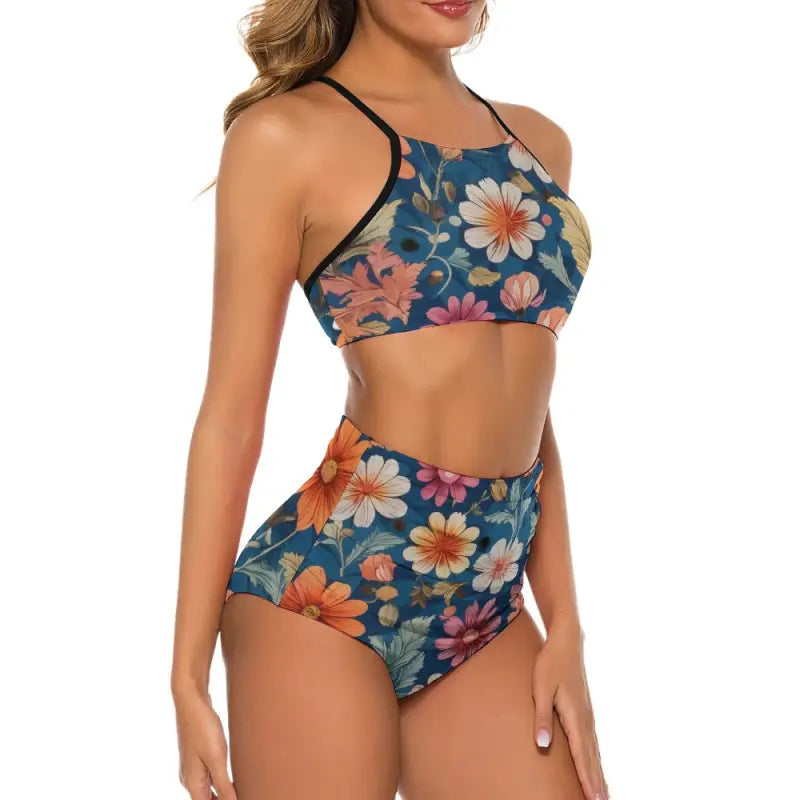 Side angle of retro floral bikini set with high waist bottoms