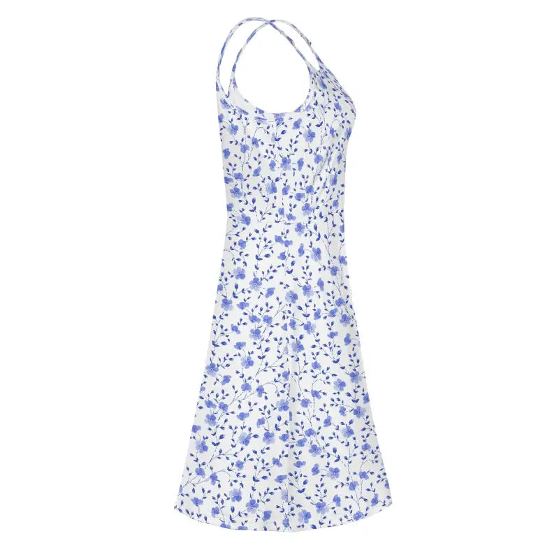 Side view blue floral spaghetti strap dress women flowy A-line fit