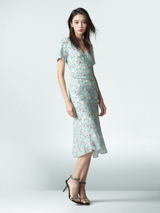 Side view of mint green floral ruched midi dress with soft flared hem