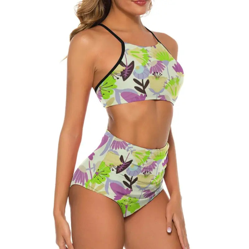 Side view of pastel ruched high waist bikini with structured top