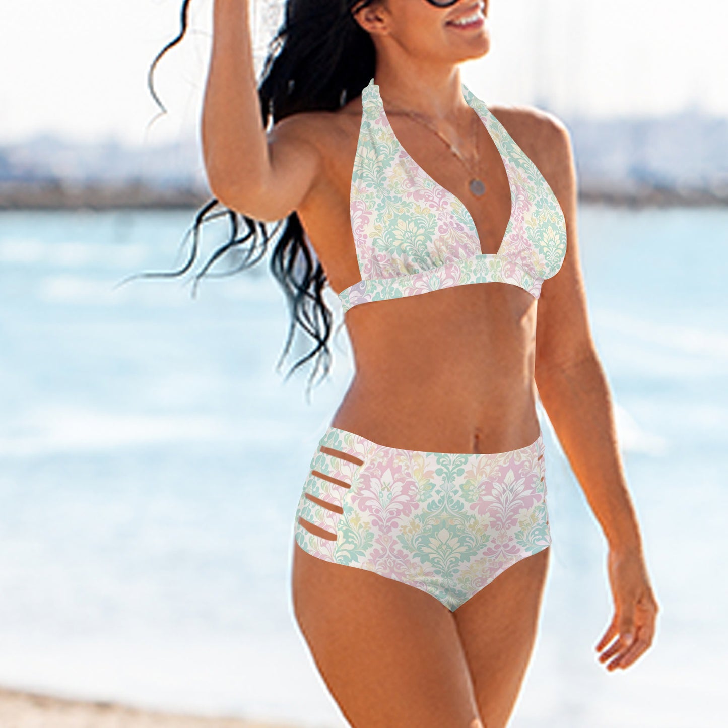 Side view pastel high waisted bikini with strappy bottom details