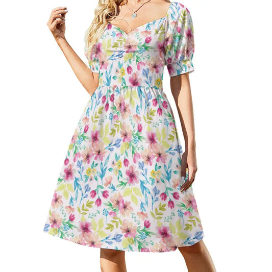 Size-inclusive floral puff sleeve midi dress with sweetheart neckline front view