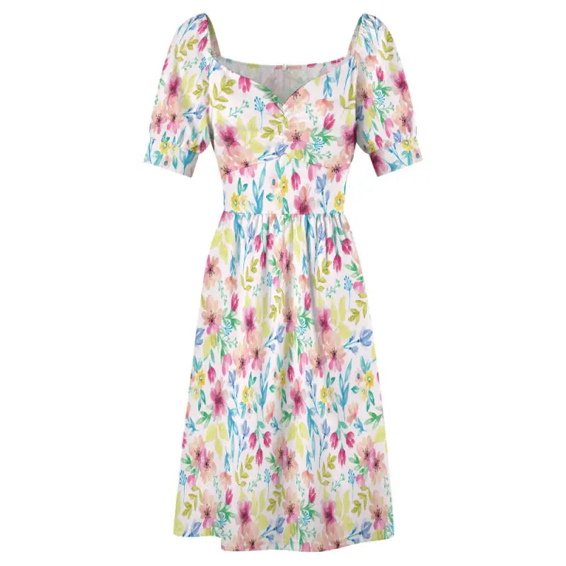 Size inclusive floral sweetheart neckline puff sleeve midi dress full front