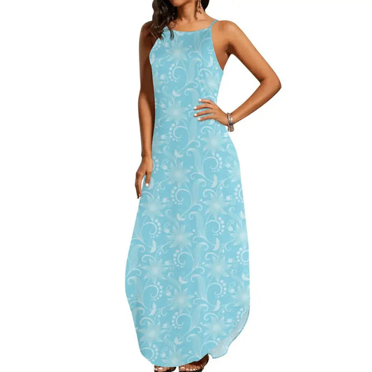 Sky blue floral sleeveless maxi dress front view