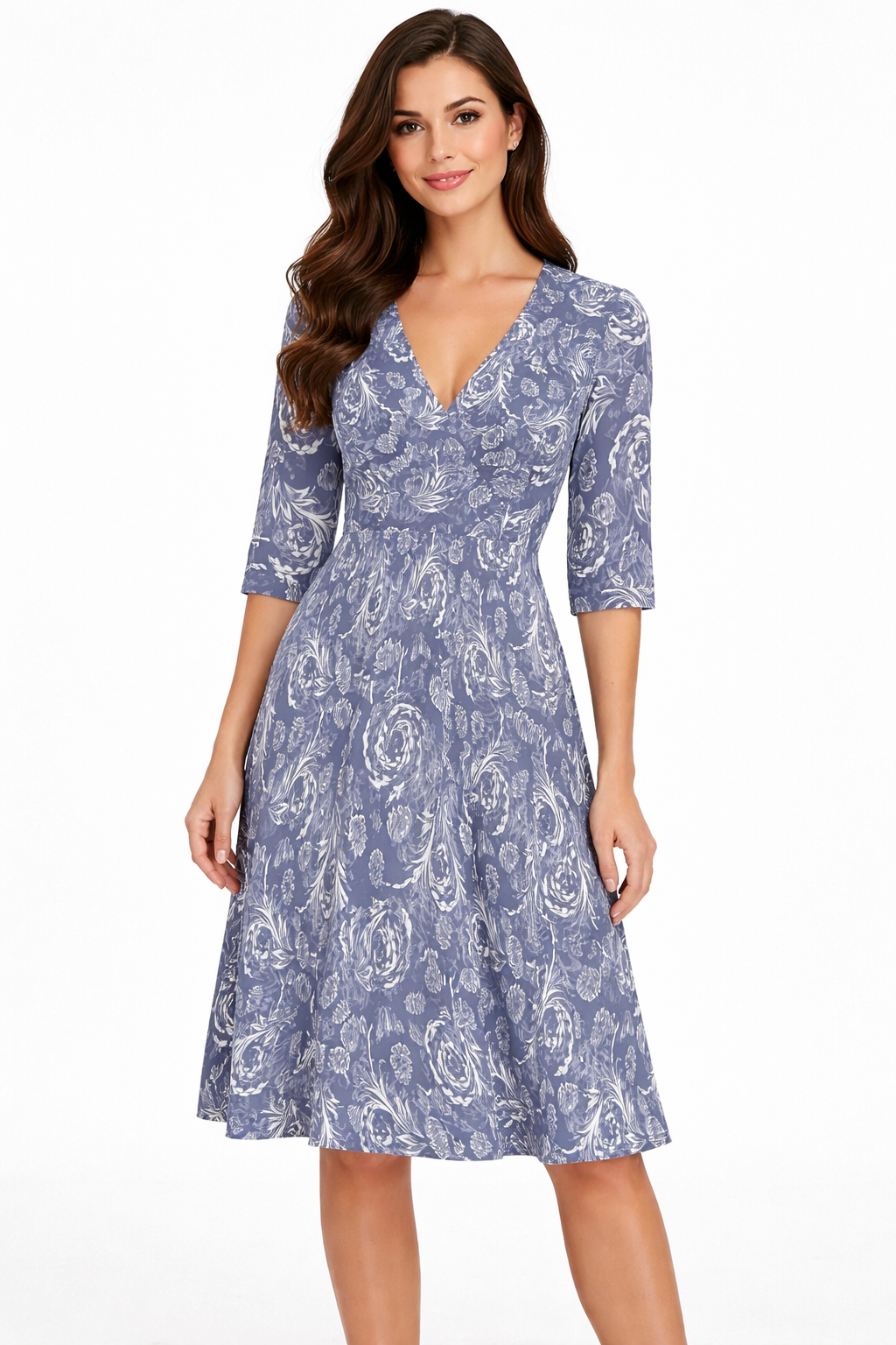 Slate blue floral fit and flare midi dress front view on brunette model