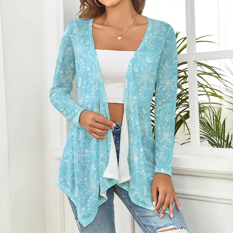 Soft aqua botanical cardigan styled casually with jeans and layered necklace