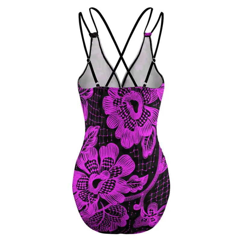 Strappy back black floral one piece swimsuit rear view
