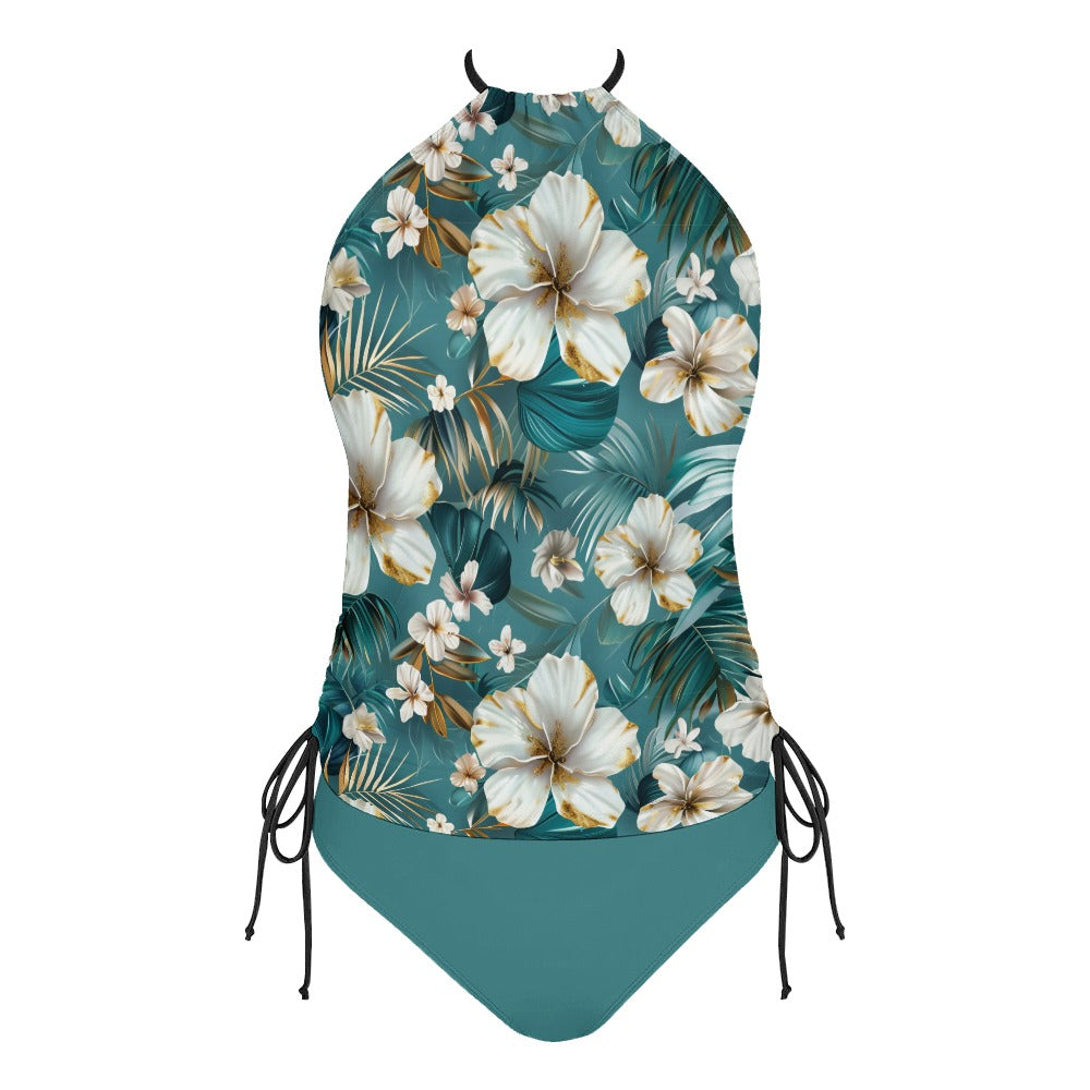Teal floral tankini top with adjustable side tie bottoms