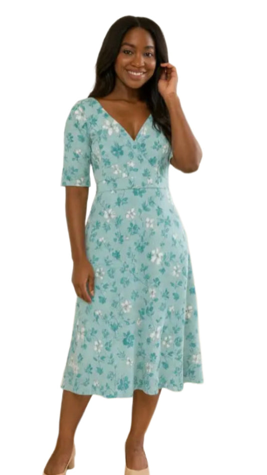 Teal floral wrap midi dress with V neckline and short sleeves, flowy A line skirt front view on white background