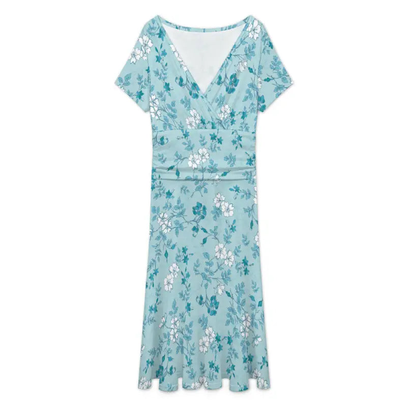 Teal floral wrap style midi dress with short sleeves front view on white background