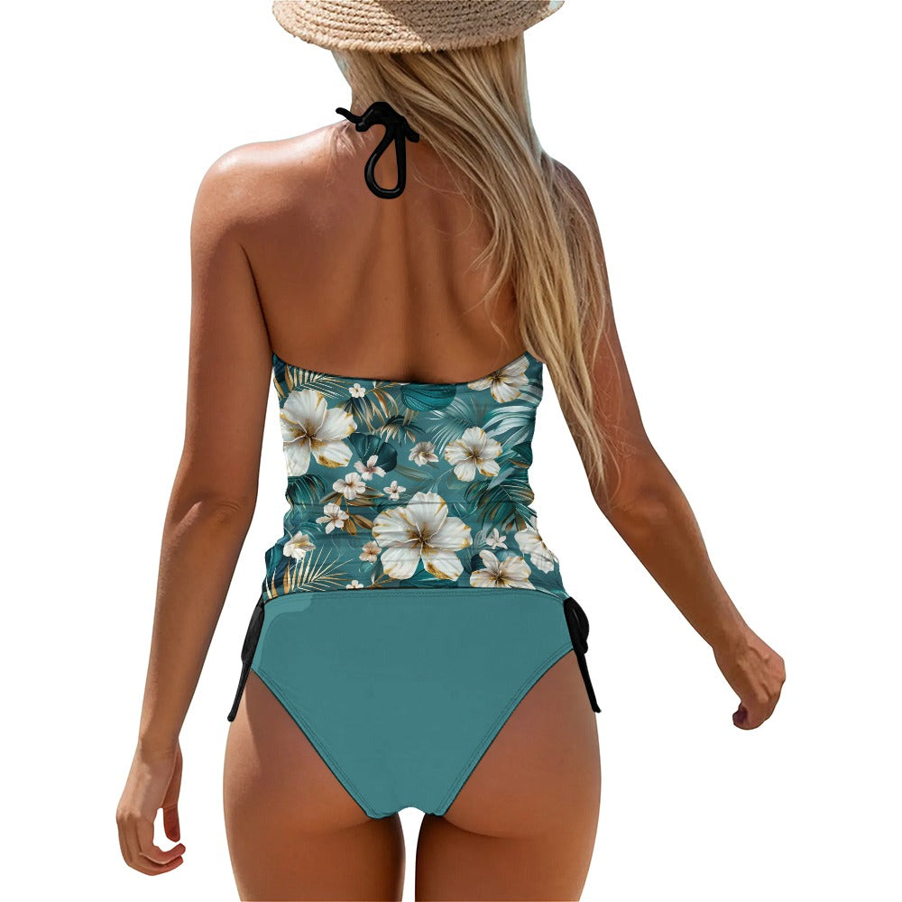 Tropical floral tankini back view halter tie detail