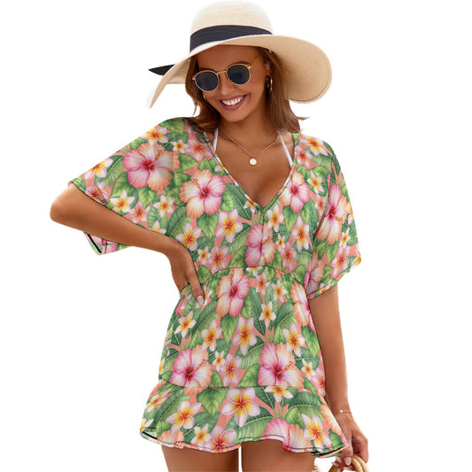 Tropical hibiscus V-neck beach cover-up dress with cinched waist and fishtail hem front view