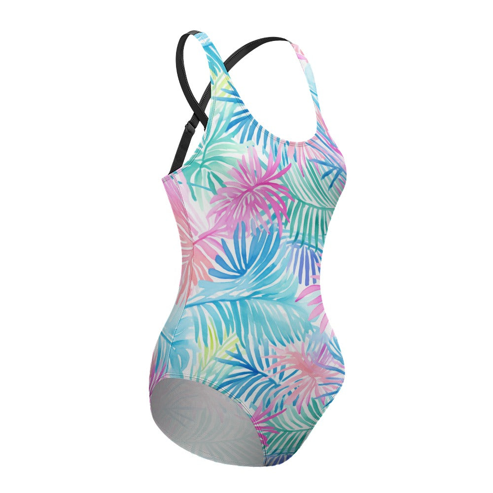 Tropical palm leaf swimsuit product side view