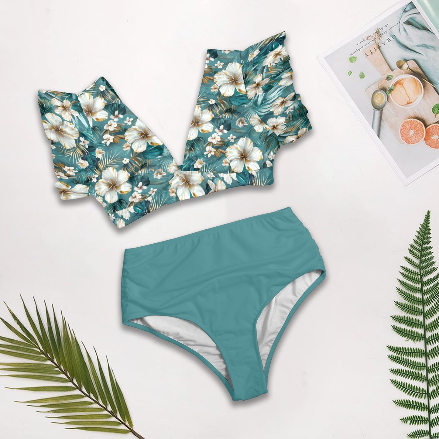Tropical ruffle sleeve swimwear product view, Hibiscus floral bikini top product image, Tropical bikini bottoms product image