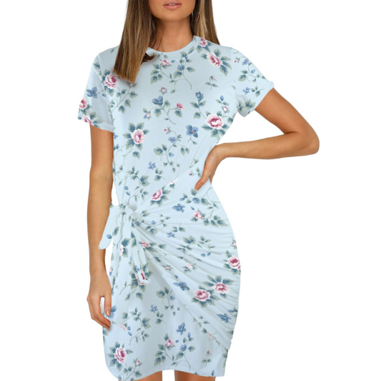 Blue Floral Ruched Wrap Tie Bodycon Mini Dress