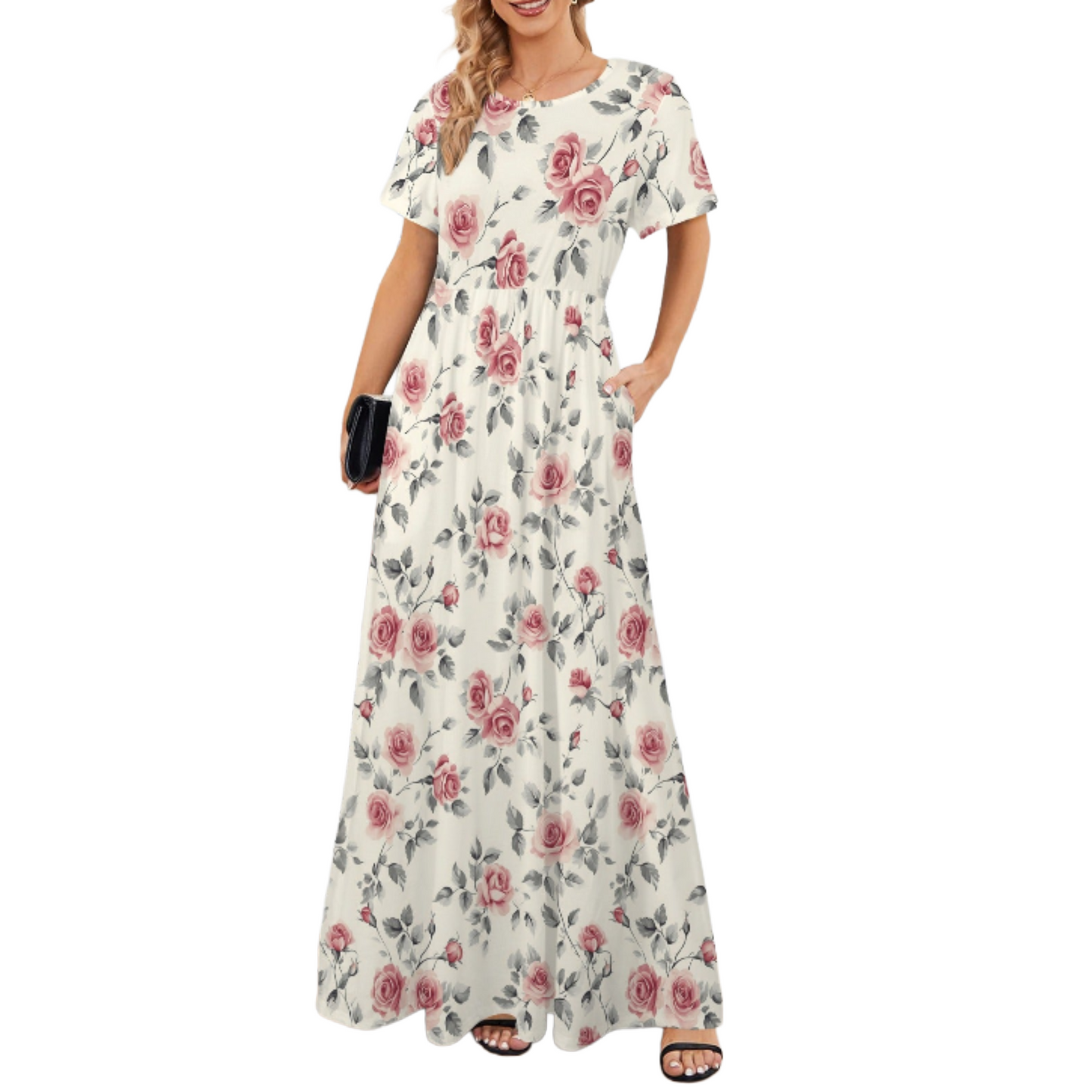 Blush Rose Floral Maxi Dress with Pockets – Structured A-Line Silhouette