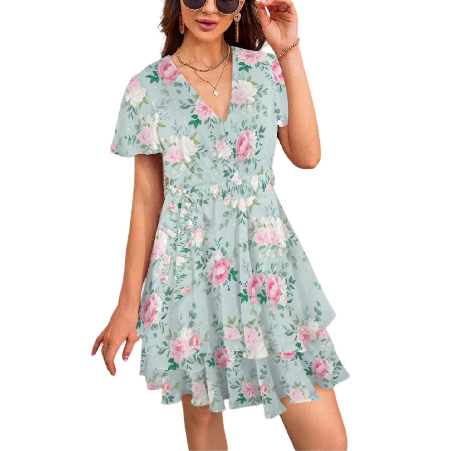 Mint Floral Tiered Mini Dress – V Neck Flutter Sleeve Summer Dress (S–5XL)