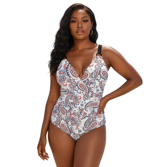 Paisley Plunge One-Piece Swimsuit with Adjustable Criss Cross Back – Structured Fit