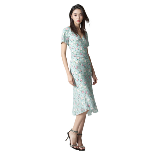 Mint Green Floral Ruched Midi Dress – V Neck Wrap Fit S-5XL