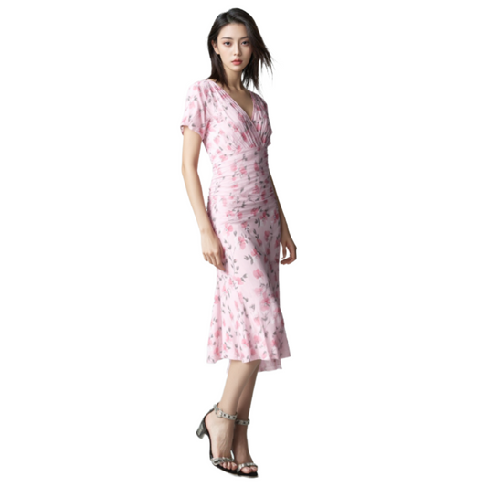Blush Pink Floral Ruched Midi Dress – V-Neck Spring Occasion Dress (S–5XL)