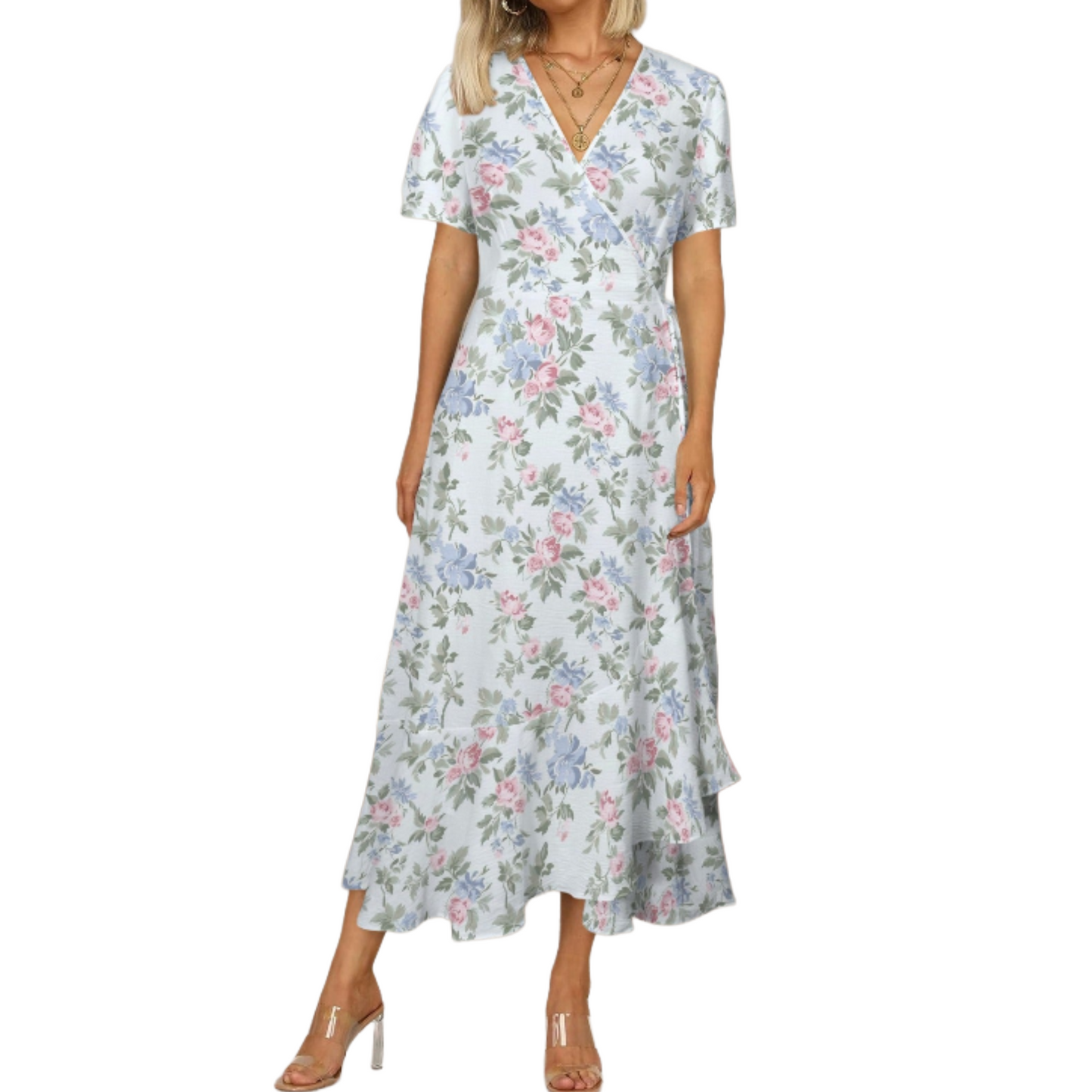 Soft Blue Floral Wrap Midi Dress with Ruffle Hem – Structured Silhouette XS–5XL