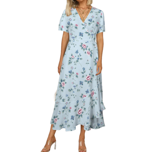 Light Blue Floral Wrap Maxi Dress – Short Sleeve Ruffle Hem Summer Dress (XS-5XL)