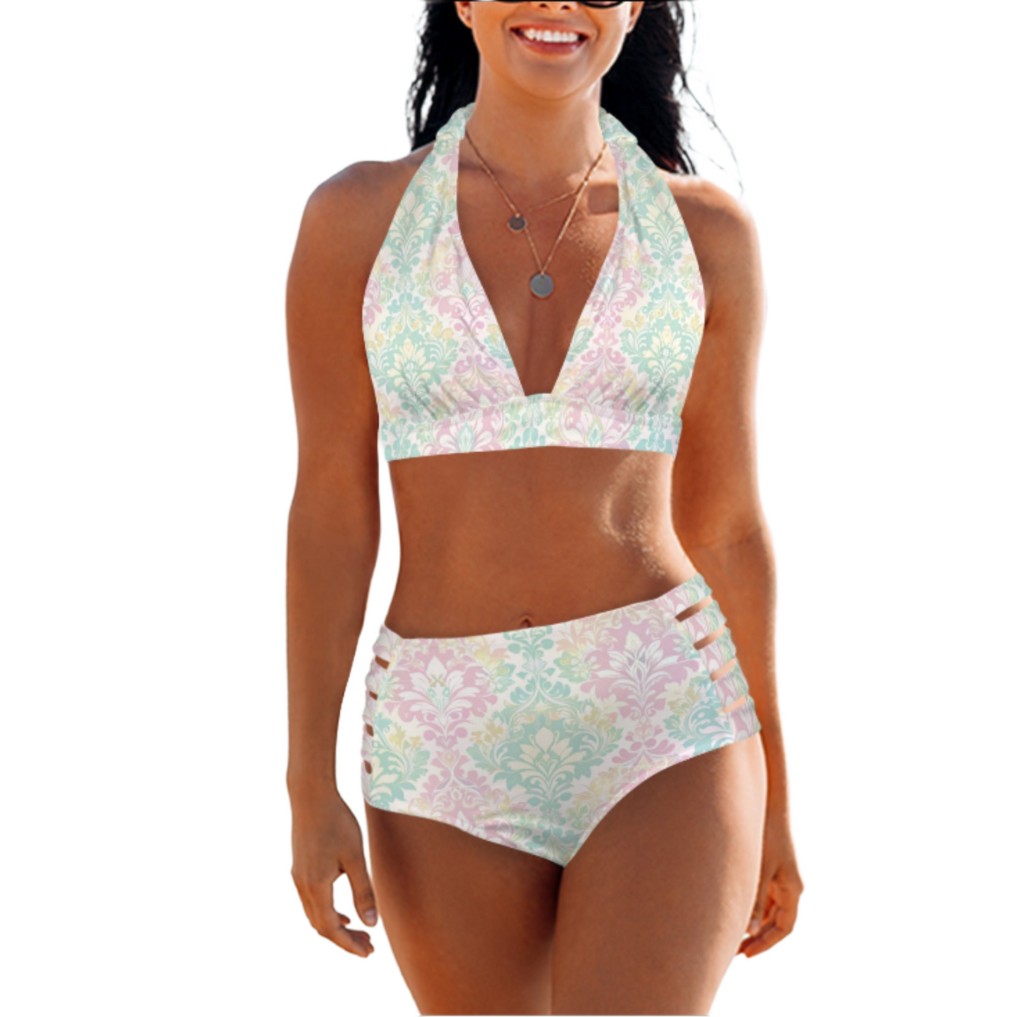Pastel Vintage High Waisted Bikini Set – Halter V Neck Two Piece Swimsuit (S–5XL)