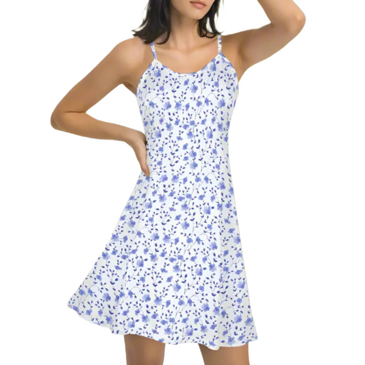 Blue Floral A-Line Mini Dress – Spaghetti Strap Cottagecore Summer Dress