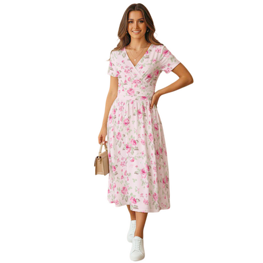 Blush Rose Floral Wrap Midi Dress