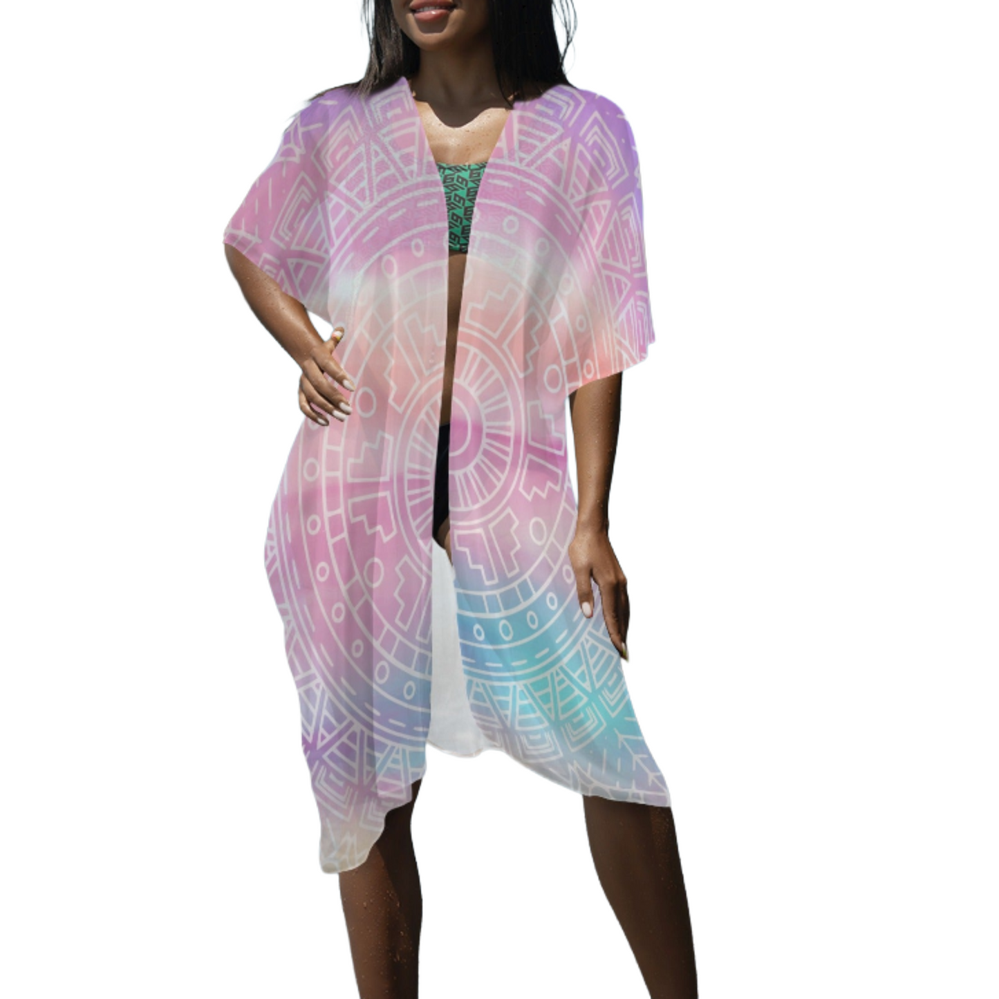 Sunset Mandala Chiffon Beach Kimono Cover Up - Sheer Kimono Cardigan