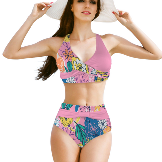 Floral Colorblock Cross-Back High Waist Bikini Set
