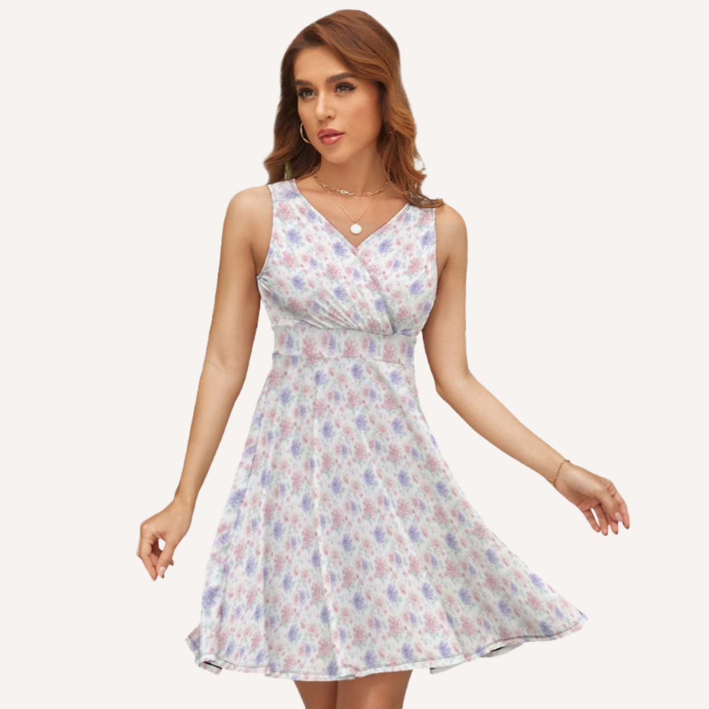 Floral Wrap Bodice Fit and Flare Mini Dress – Sleeveless V-Neck A-Line Silhouette
