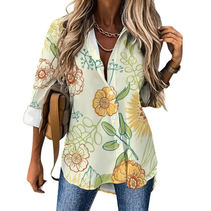 Vintage botanical floral button-up blouse front view