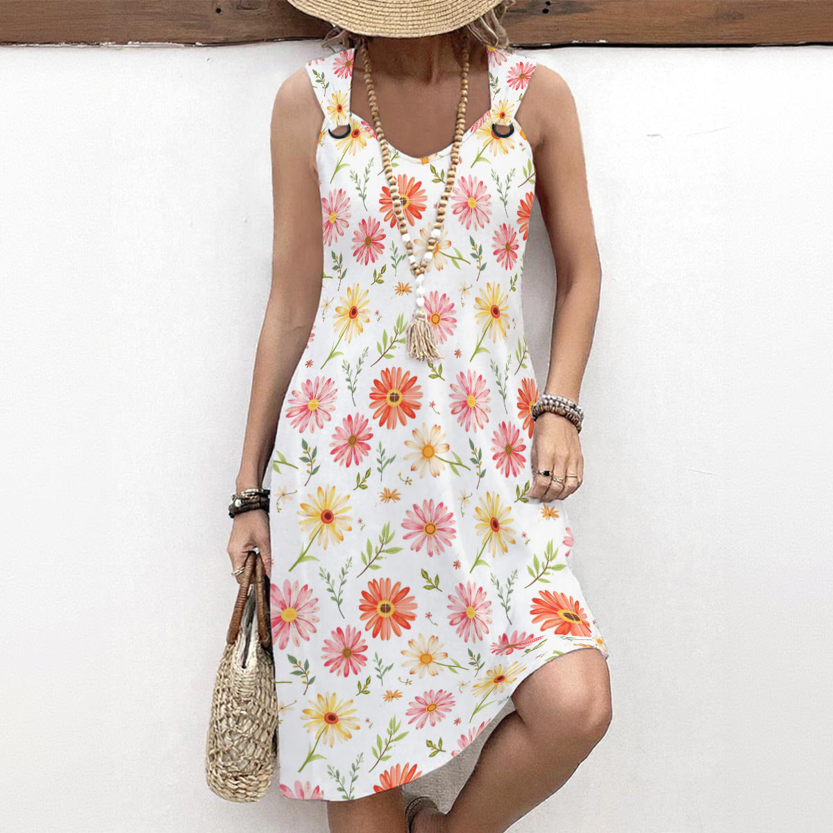 White floral sleeveless midi dress front view on model
White floral summer dress relaxed fit