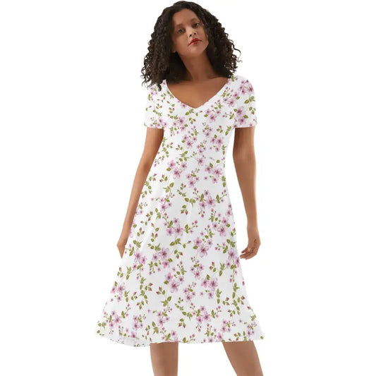 White pink floral V-neck midi dress front view soft A-line silhouette