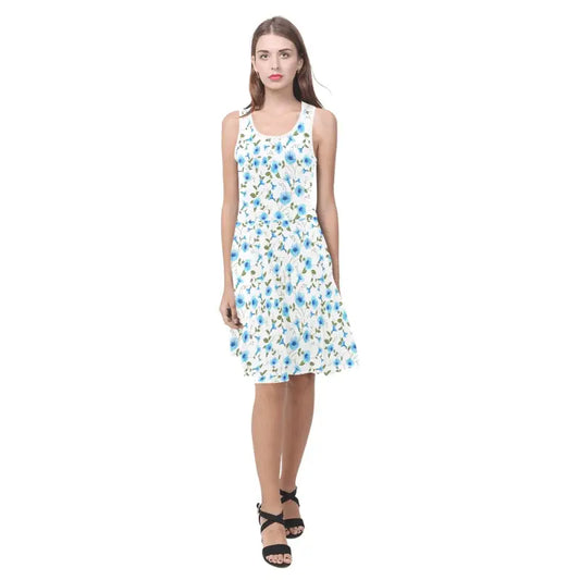 Woman wearing blue floral sleeveless fit and flare dress front view