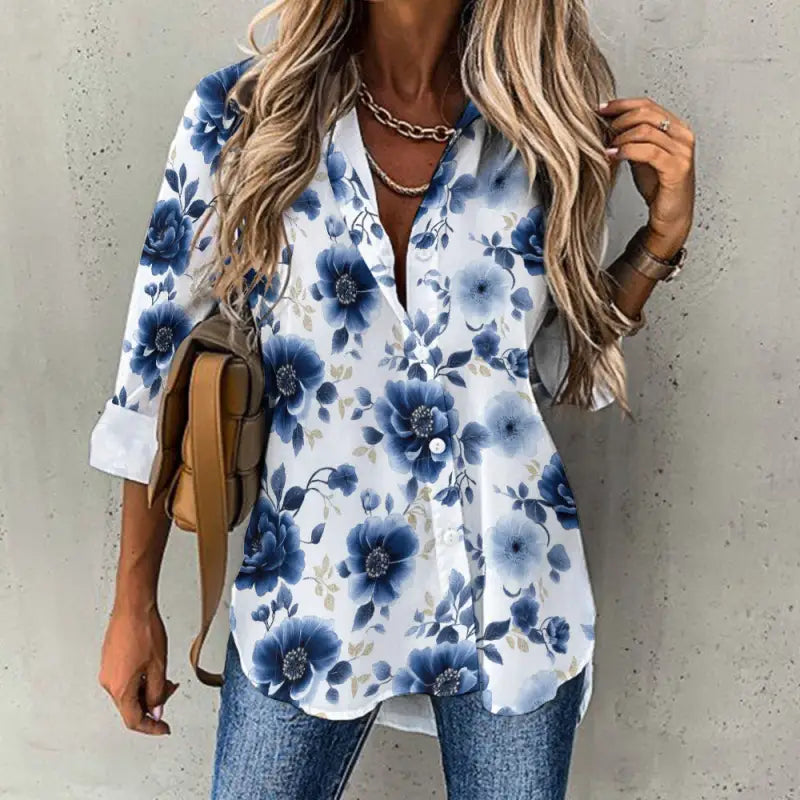 Women’s blue floral button down blouse styled with jeans casual outfit