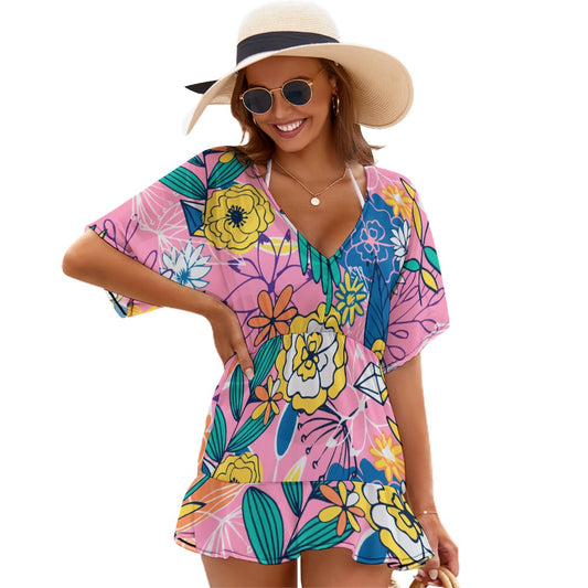 Women's floral beach cover up dress with chiffon fabric and flowing silhouette