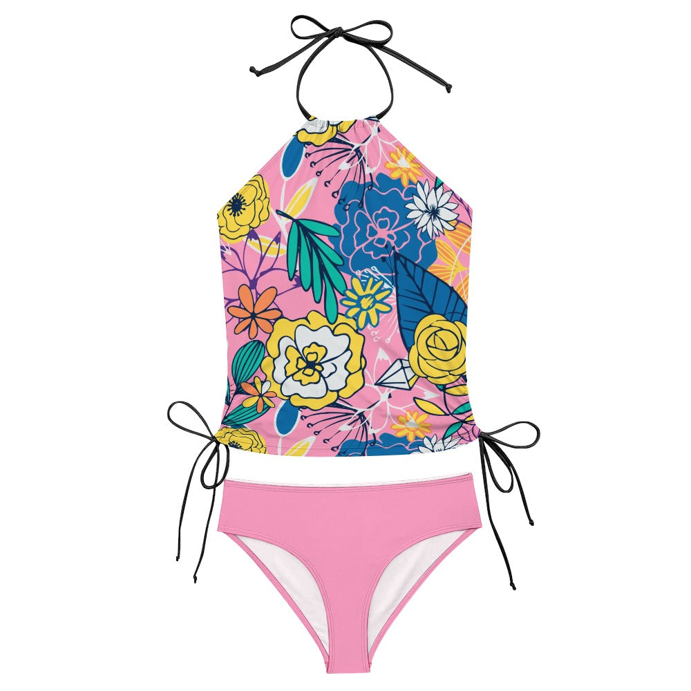 Women's floral tankini swimsuit set with halter neckline and side tie shaping