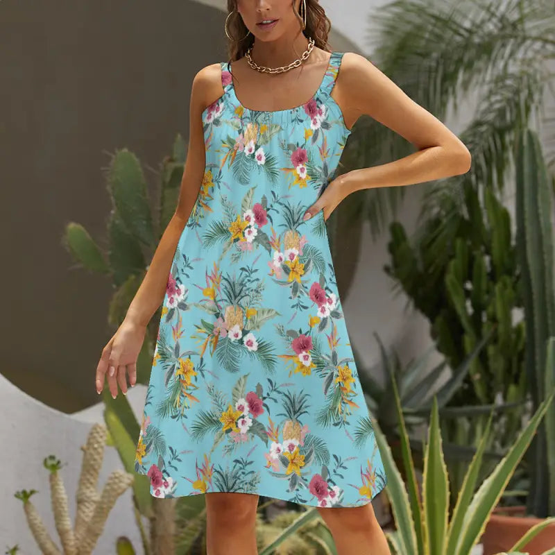 Women tropical floral beach dress blue vacation summer outfitprocessing